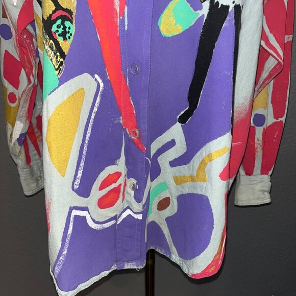 KOLORWAY Hand Painted Denim Button Down New Orleans Jazz Mardi Gras Shirt Top - Picture 4 of 10